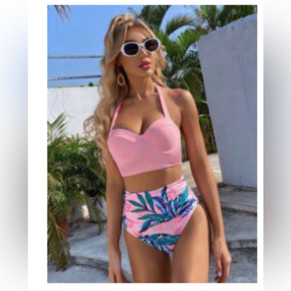 SHEIN 2-piece Pink Tropical High Waisted Push-Up Bikini - Picture 1 of 8